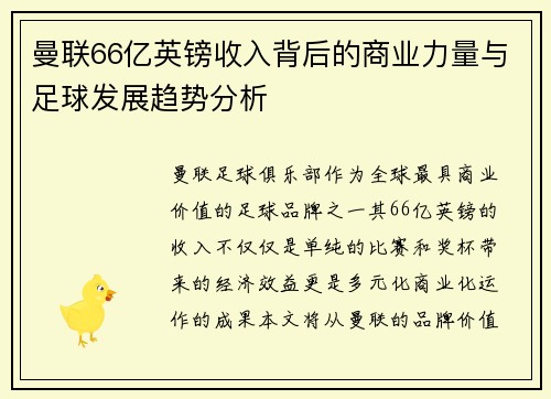 曼联66亿英镑收入背后的商业力量与足球发展趋势分析