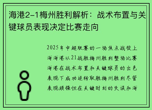 海港2-1梅州胜利解析：战术布置与关键球员表现决定比赛走向