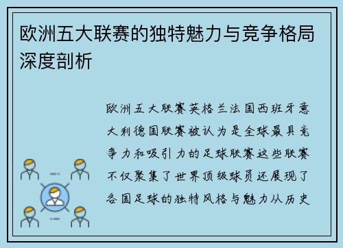 欧洲五大联赛的独特魅力与竞争格局深度剖析